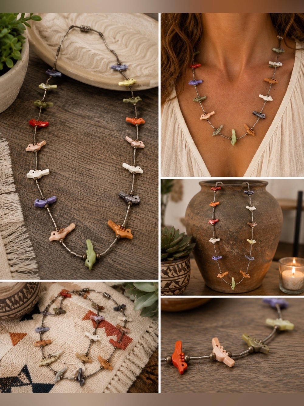 Vintage Zuni Bird Fetish Necklace 925 Liquid Silver Beads Southwest 24 Inch